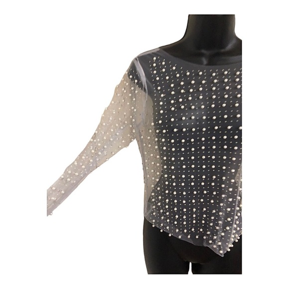 Cream Pearl Beaded rhinestone crystal sheer mesh long sleeve top size size Small - Picture 11 of 16